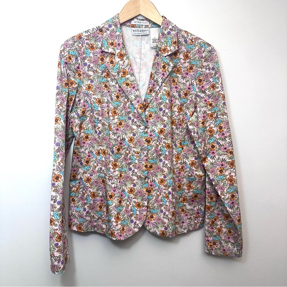 Villager Liz Claiborne Floral Cotton Blazer Jacket Size 14 Spring Garden - Picture 2 of 16